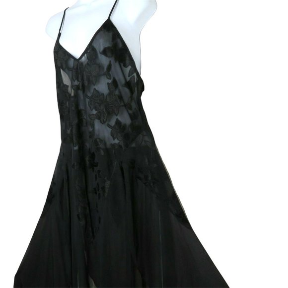 Vintage Sheer Chiffon Brocade Slip Nightgown M Black Sweeping Sheer Slit Panels - Picture 8 of 10